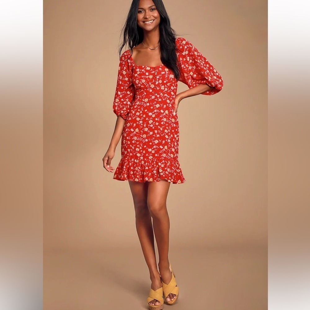 Lulus Trixiebelle Red Floral Print Puff Sleeve Dress M